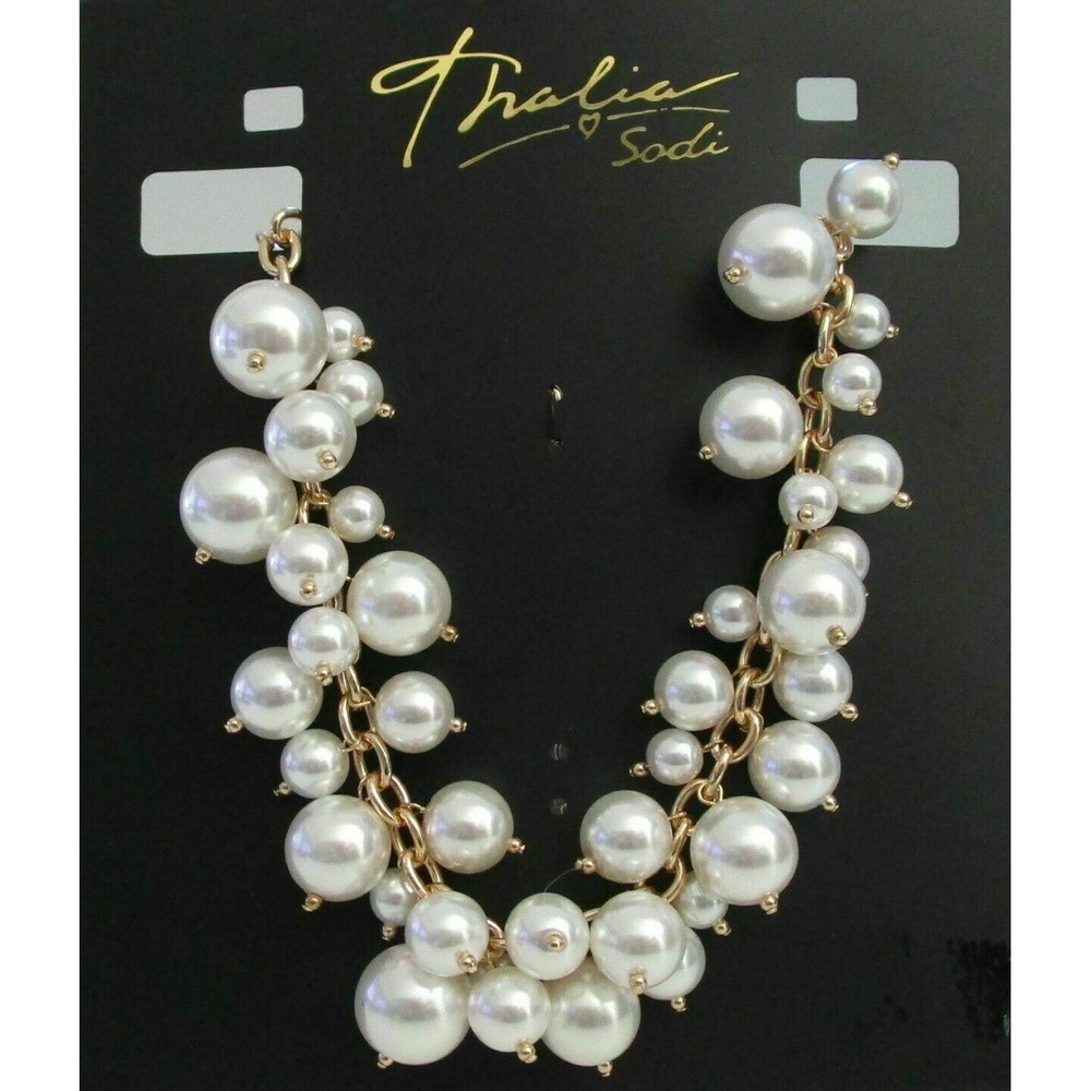 Thalia Sodi White Faux Pearl goldtone Collar extender Cluster Statement Necklace